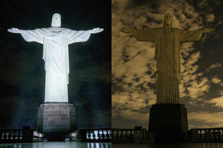 Kombinasi foto Patung Yesus Kristus di Rio de Janeiro, Brasil saat peringatan Earth Hour.