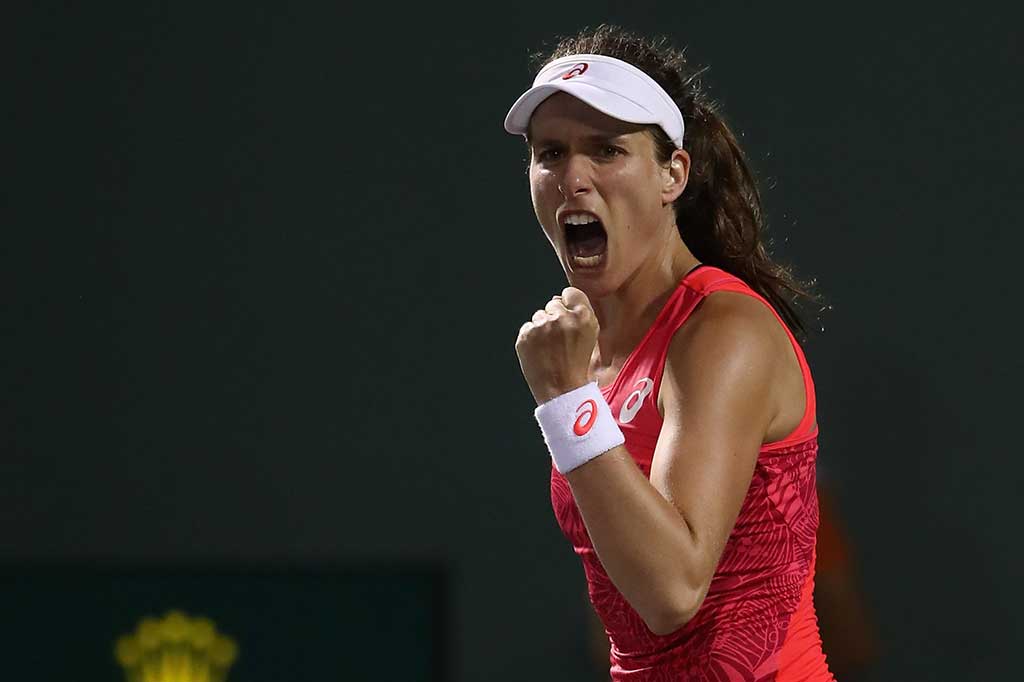 Konta melakukan selebrasi usai menundukkan Venus dua set langsung 6-4, 7-5.