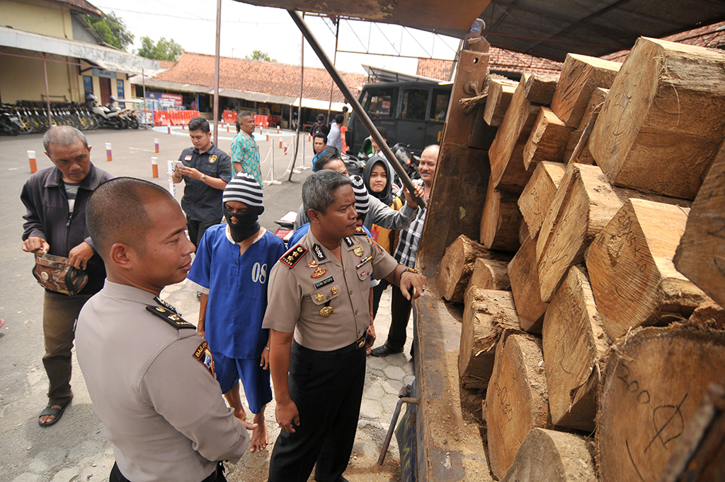 Kapolres Tegal, AKBP Heru Sutopo memeriksa kayu jati ilegal saat gelar kasus di Polres Tegal, Jawa Tengah.