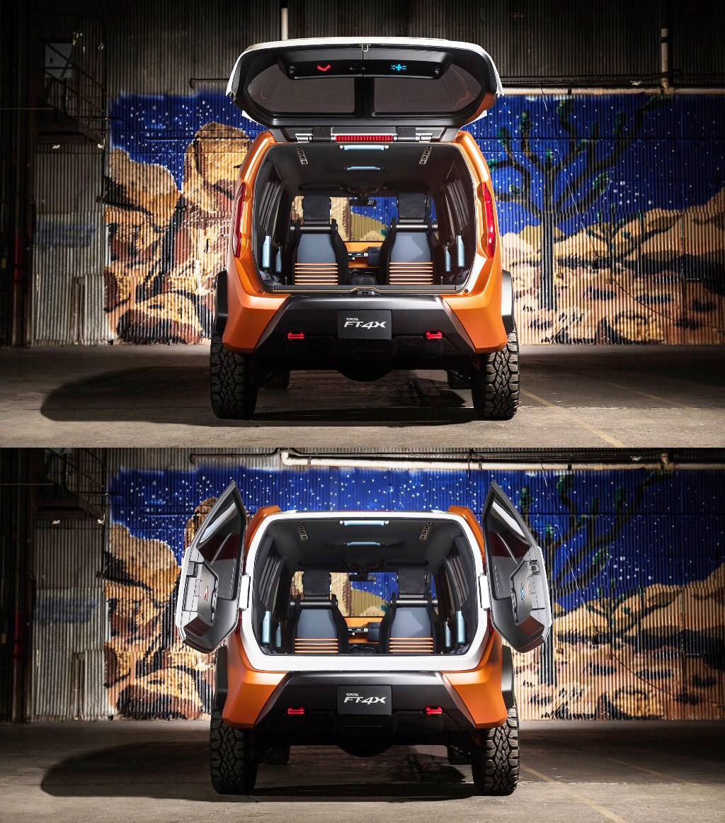 Pintu belakang bisa dibuka dalam dua mode. Dibuka ke atas sebagai satu keping pintu atau dua keping pintu seperti barn door.