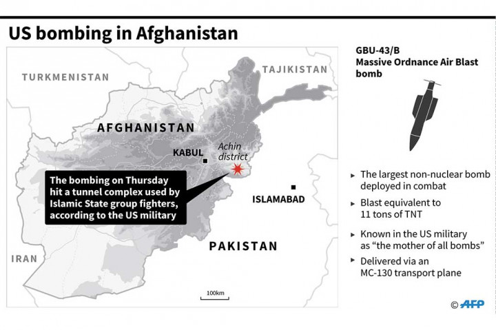 Bom GBU-43 yang memiliki berat 21.600 pound (9.797 Kg) dijatuhkan dari sebuah pesawat MC-130 di Distrik Achin, Provinsi Nangarhar, dekat perbatasan dengan Pakistan.