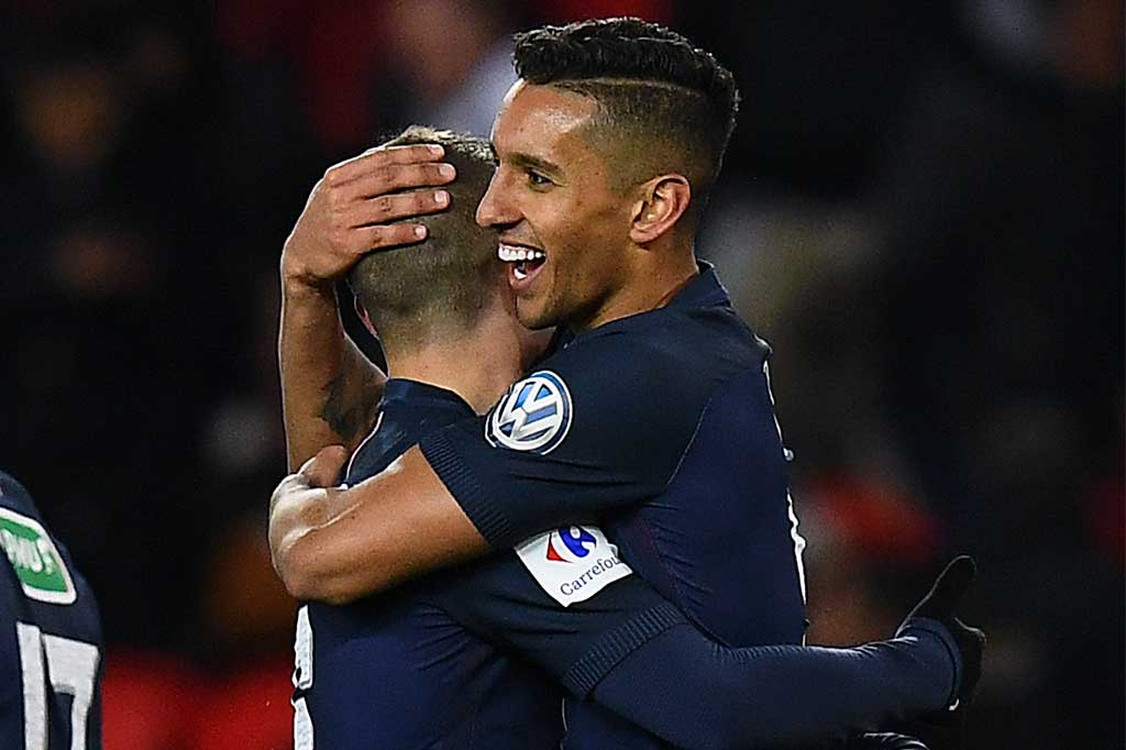 Bek tengah Marquinhos mengunci kemenangan timnya menjadi 5-0 pada menit terakhir.