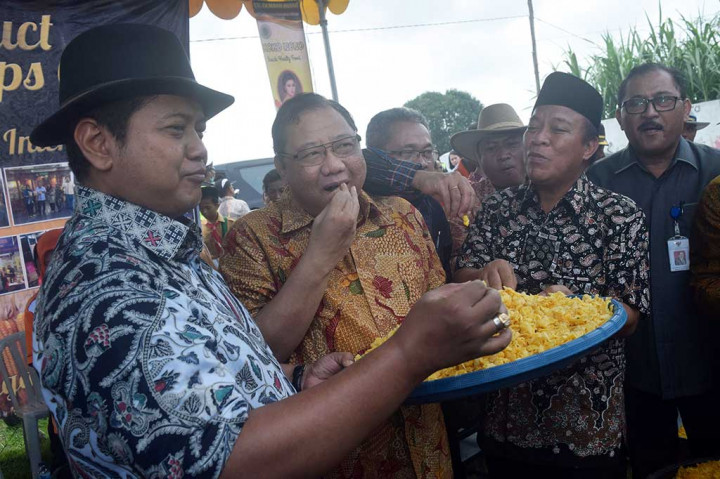Menteri Koperasi dan UKM Anak Agung Gede Ngurah Puspayoga (kedua kiri), Bupati Lamongan Fadeli (kedua kanan) dan anggota Komisi IV DPR Viva Yoga Mauladi (kiri) mencoba olahan jagung.