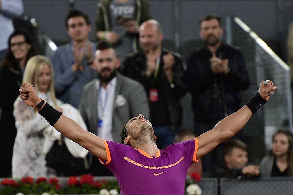 Nadal meluapkan kegembiraannya usai menyudahi perlawanan Goffin di set kedua dengan skor 6-2.