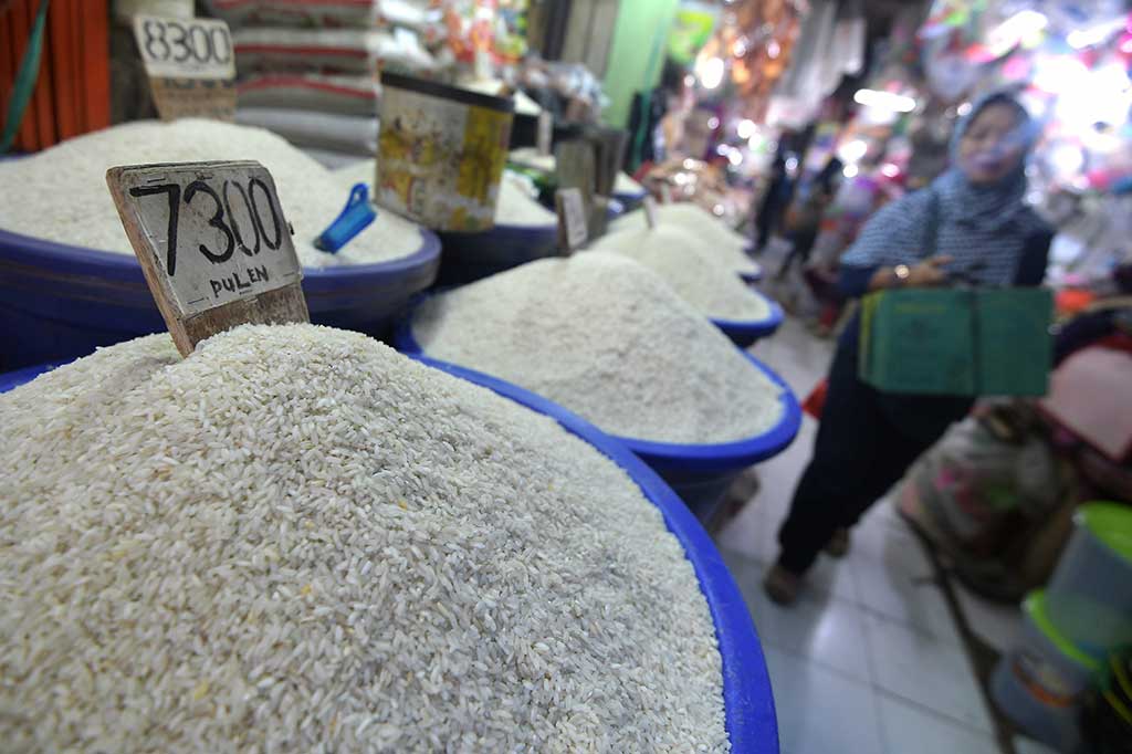 Warga melintas di samping beras yang dijual di Pasar Minggu, Jakarta Selatan, Selasa (16/5/2017). Menurut data yang dirilis Badan Ketahanan Pangan (BKP) Kementerian Pertanian di pasar tradisional seluruh wilayah Jakarta, harga beras medium di kisaran Rp10.629 per kg dan yang termurah Rp9.423 per kg.