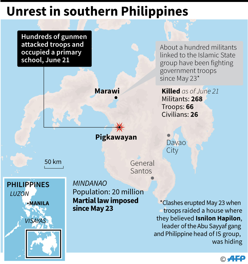 Peta Mindanao tempat Marawi dan Pigkawayan berada. Pulau yang berbatasan langsung dengan wilayah Indonesia ini sejak lama menjadi markas militan yang mendukung kelompok ISIS.
