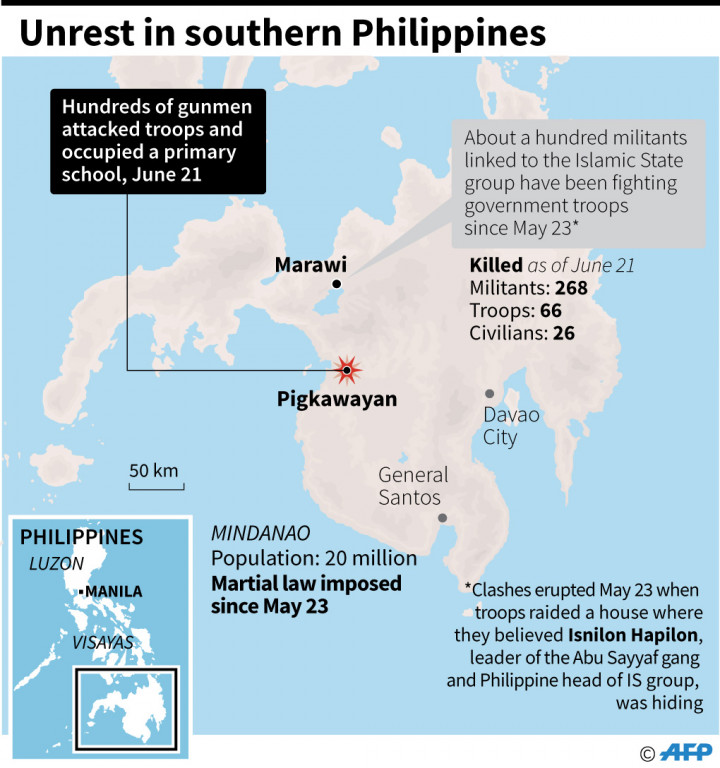 Peta Mindanao tempat Marawi dan Pigkawayan berada. Pulau yang berbatasan langsung dengan wilayah Indonesia ini sejak lama menjadi markas militan yang mendukung kelompok ISIS.
