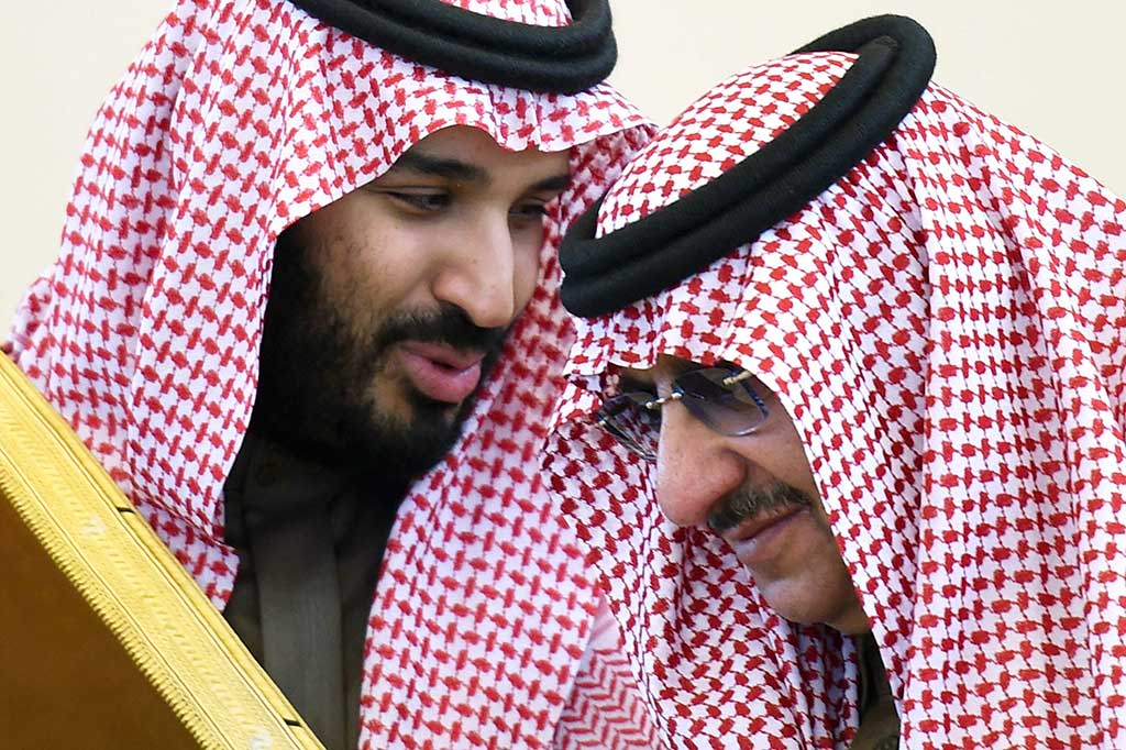 Foto bertanggal 9 Desember 2015 menunjukkan Menteri Pertahanan Saudi Mohamed bin Salman (kiri) berbicara dengan Putra Mahkota dan Menteri Dalam Negeri Mohammed bin Nayef saat KTT Dewan Kerjasama Teluk ke-136 (GCC) di Riyadh.