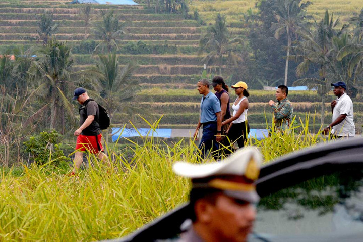 Mantan Presiden AS Barack Obama menyusuri persawahan terasering di Desa Jatiluwih, Tabanan, Bali, Minggu (25/6/2017).