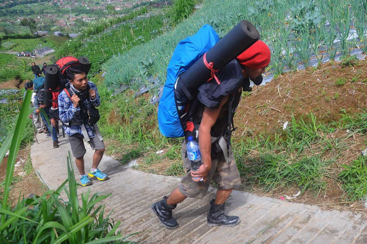 Wisatawan memanfaatkan sisa libur Lebaran dengan mendaki gunung Merbabu, Jateng, untuk menikmati udara segar dan pemandangan dari puncak Merbabu. ANTARA/Aloysius Jarot Nugroho