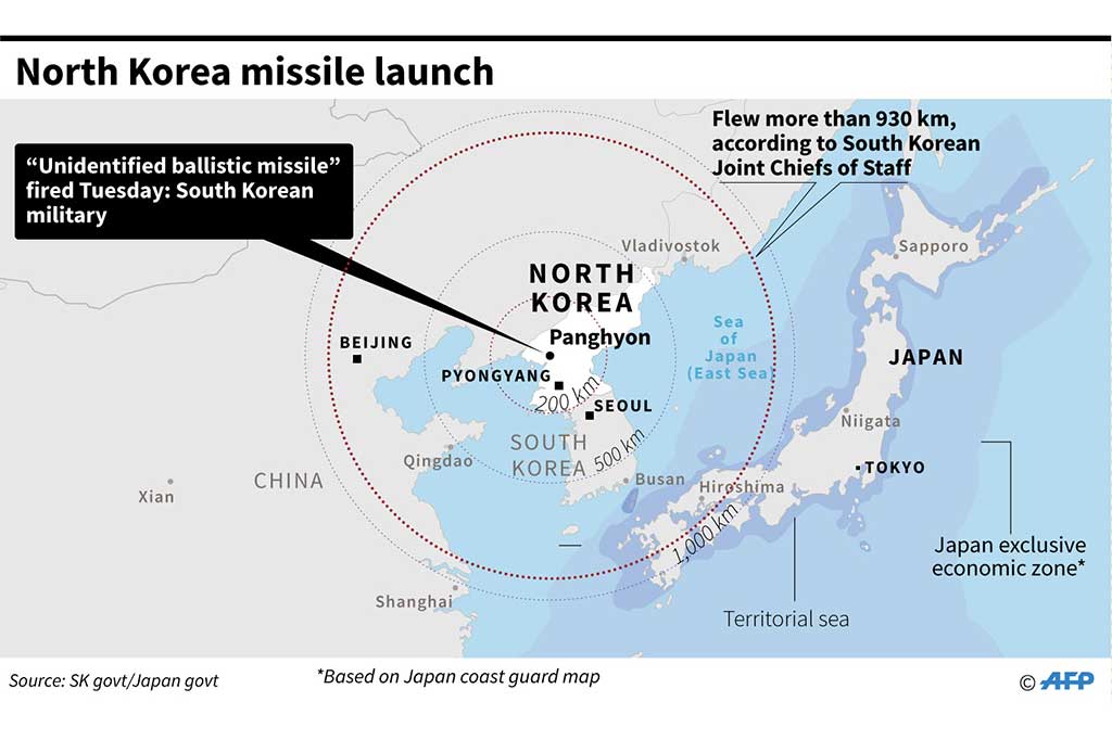 Rudal balistik tak dikenal tersebut diluncurkan di sebuah lokasi di dekat Panghyon, sekitar 100 km barat laut Pyongyang, sekitar pukul 00.40 waktu setempat.