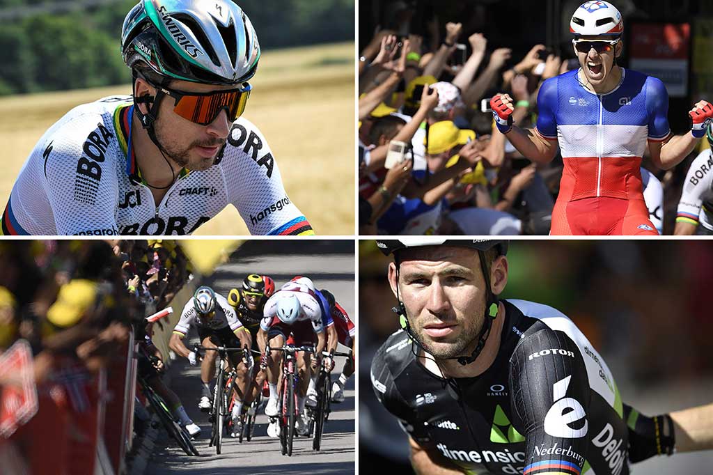 Foto kombinasi (dari kiri atas) pembalap sepeda Slovakia Peter Sagan, Arnaud Demare asal Prancis melintasi garis finis, Sagan menyikut Cavendish, dan Cavendish saat berusaha melintasi garis finis setelah terjatuh.