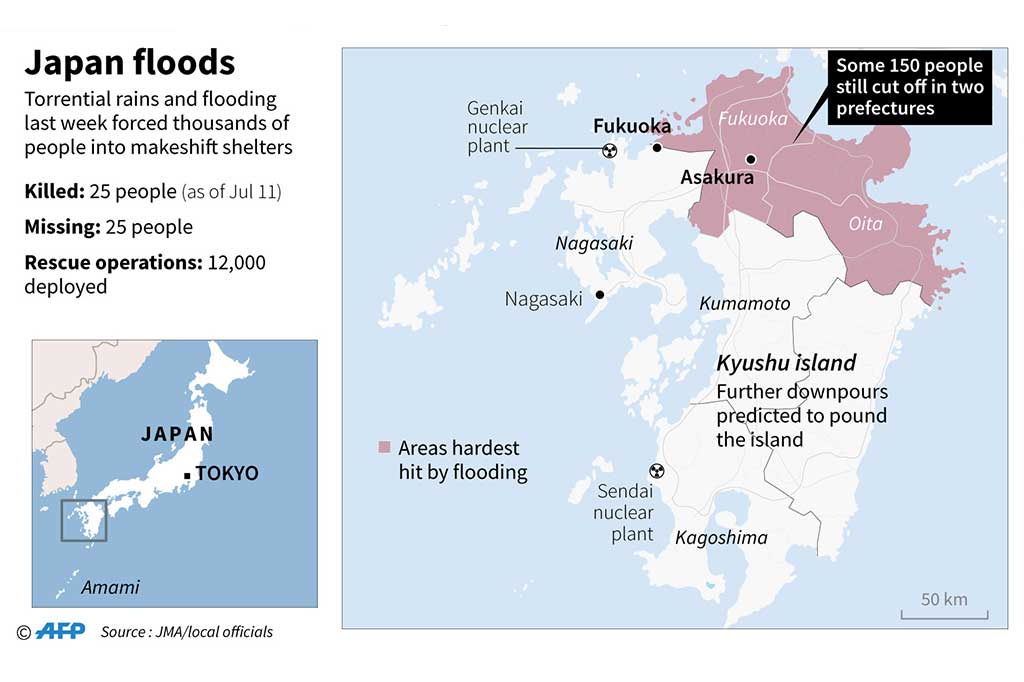 Sekitar 150 orang masih terisolasi di Fukuoka dan Oita, prefektur yang paling parah terkena dampak banjir. Sementara itu 25 orang ditemukan tewas dan 25 lainnya belum diketahui. Prefektur Fukuoka terletak di pesisir utara Pulau Kyushu di Jepang, seberang Selat Korea dari kota Busan di Korea Selatan. Fukuoka kota terpadat di Kyushu. 