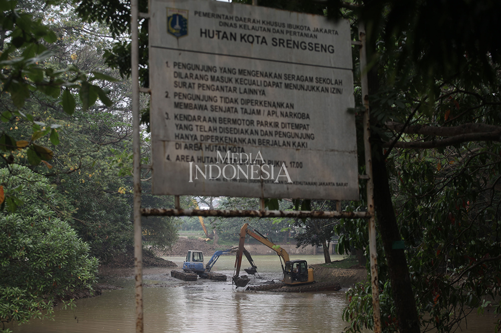 Suku Dinas Sumber Daya Air Jakarta Barat mengeruk waduk di dalam kawasan Hutan Kota Srengseng, Kembangan, Jakarta Barat.