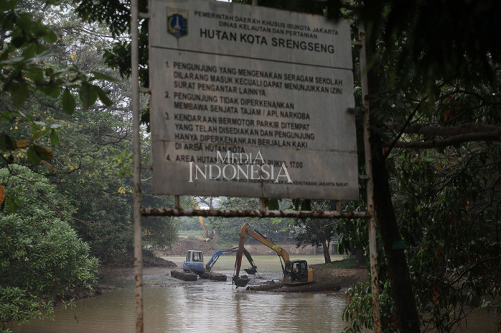 Suku Dinas Sumber Daya Air Jakarta Barat mengeruk waduk di dalam kawasan Hutan Kota Srengseng, Kembangan, Jakarta Barat.