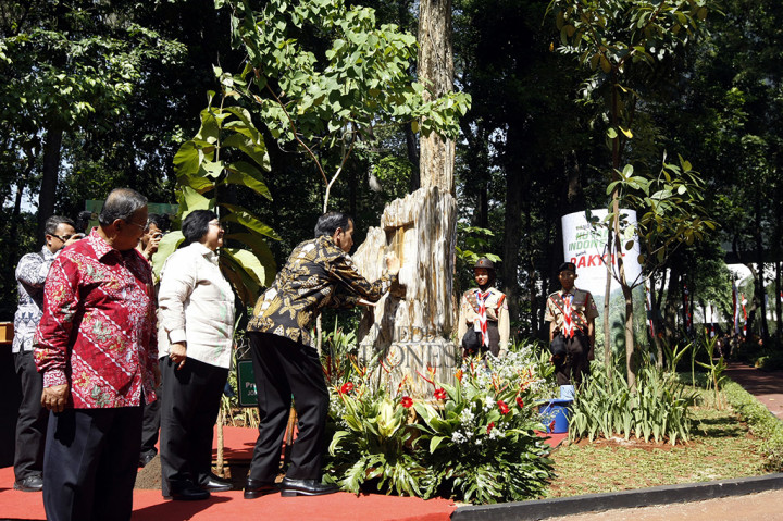 Selain itu, Jokowi juga melakukan penanaman pohon jati dan menandatangani prasasti Landmark Hutan Indonesia pada fosil pohon jati.