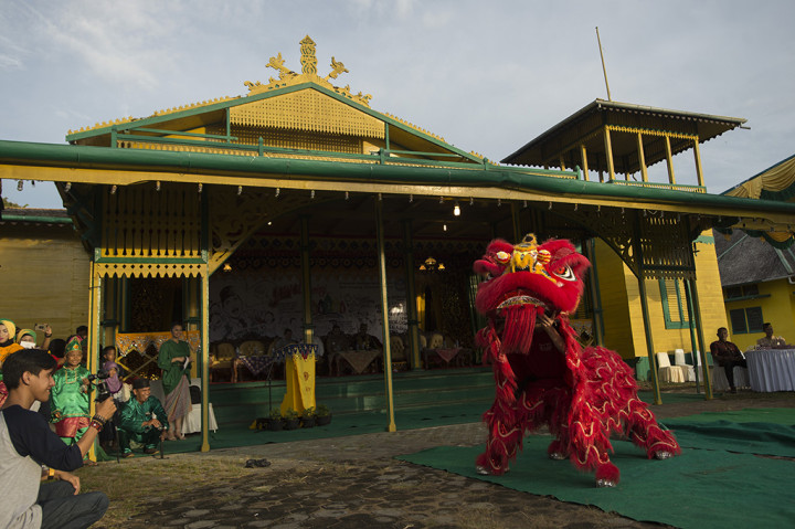 Barongsai beraksi saat perhelatan Rumah Peradaban bertajuk Gawai Arkeologi, di kawasan Keraton Matan Tanjungpura, Ketapang, Kalimantan Barat.