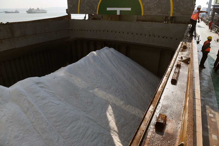 Suasana bongkar muat garam impor dari Kapal MV Golden Kiku ke truk pengangkut di Pelabuhan Tanjung Perak, Surabaya, Jawa Timur, Sabtu (12/8/2017).