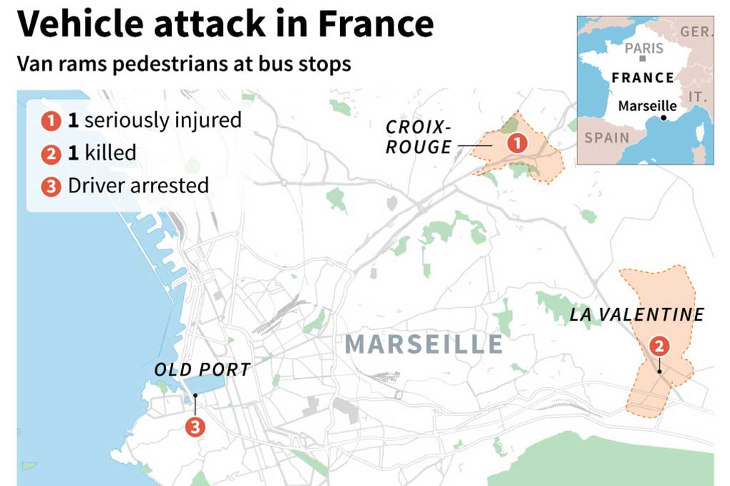 Pelaku awalnya menabrak halte di distrik 13, Croix Rouge sekitar pukul 09.00 waktu setempat, dan sejam kemudian menabrak halte di distrik 11, La Valentine, beberapa kilometer dari lokasi pertama.