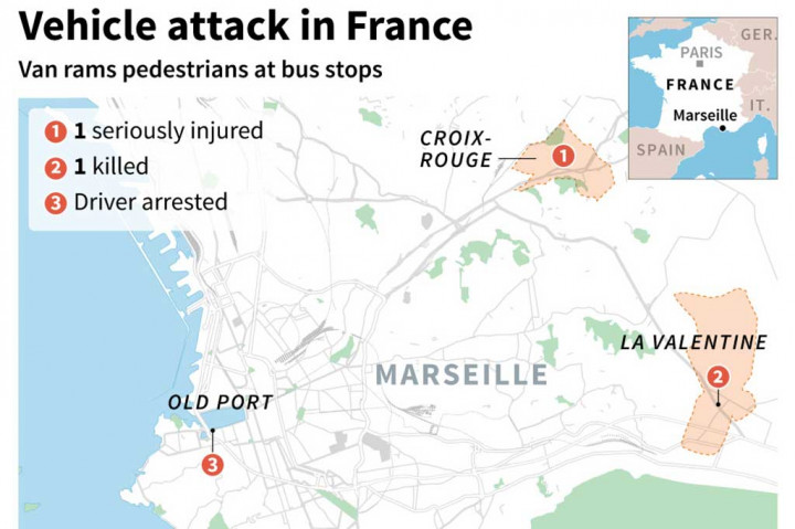 Pelaku awalnya menabrak halte di distrik 13, Croix Rouge sekitar pukul 09.00 waktu setempat, dan sejam kemudian menabrak halte di distrik 11, La Valentine, beberapa kilometer dari lokasi pertama.