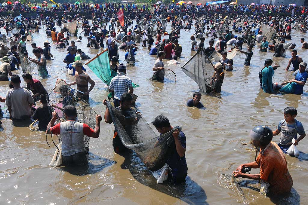 Warga dengan membawa peralatan jaring berlomba untuk menangkap sekitar 1,5 ton ikan yang telah ditebar di embung tersebut. ANTARA/Aloysius Jarot Nugroho