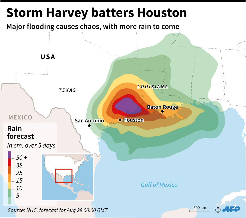 Grafis radar cuaca menunjukkan badai Harvey yang menerjang Houston adalah yang terganas. Kecepatan angin diperkirakan mencapai 200 kilometer per jam. 
