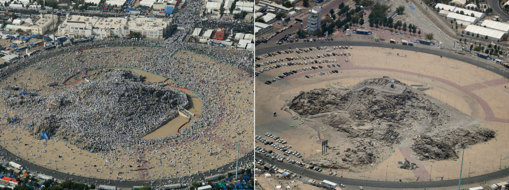 Perbandingan suasana Jabal Rahmah di Arafah pada puncak wukuf (kiri) dua hari lalu dan ketika jemaah haji sudah kembali ke Mina (kanan).