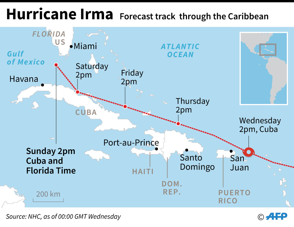 Grafis rute perjalanan badai Irma di perairan Karibia. Badai dengan kecepatan angin hingga 280 kilometer per jam dan tengah melindasi kepulauan Haiti ini, lebih kuat dibandingkan badai Harvey yang Agustus lalu melumpuhkan Houston. 