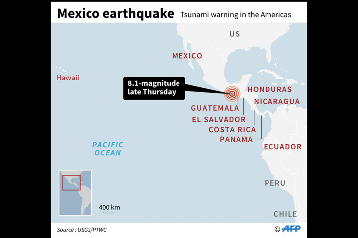 Gempa diperkirakan berpotensi memicu tsunami di sejumlah pantai di delapan negara, yakni Meksiko, Guatemala, El Salvador, Costa Rica, Nikaragua, Panama, Honduras, dan Ekuador.