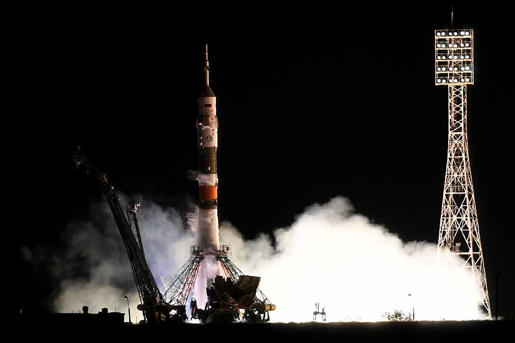 Pesawat ruang angkasa Rusia Soyuz MS-06 bersiap meluncur ke Stasiun Luar Angkasa Internasional (ISS) dari landasan pacu Baikonur, Kazakhstan, Rabu (13/9/2017).