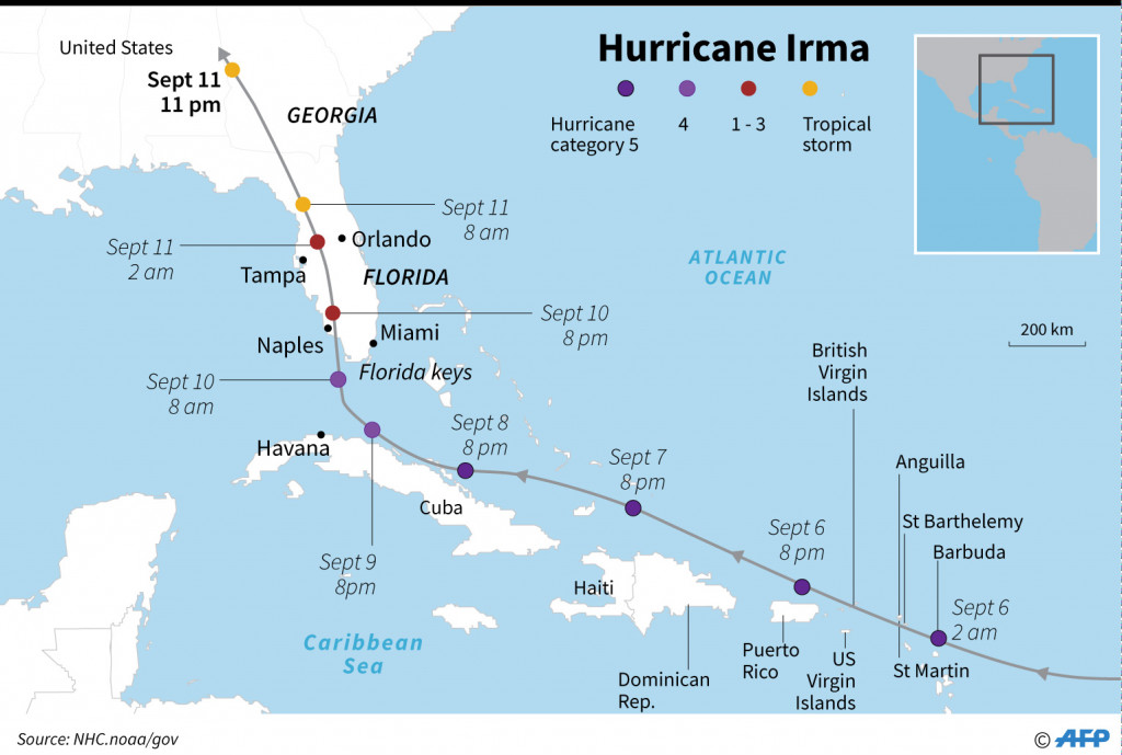Rute perjalanan badai Irma yang diperkirakan belum berakhir. Wilayah lain di Amerika Tengah dan sebagian Pasifik juga menjadi korban terjangan badai dahsyat tersebut.