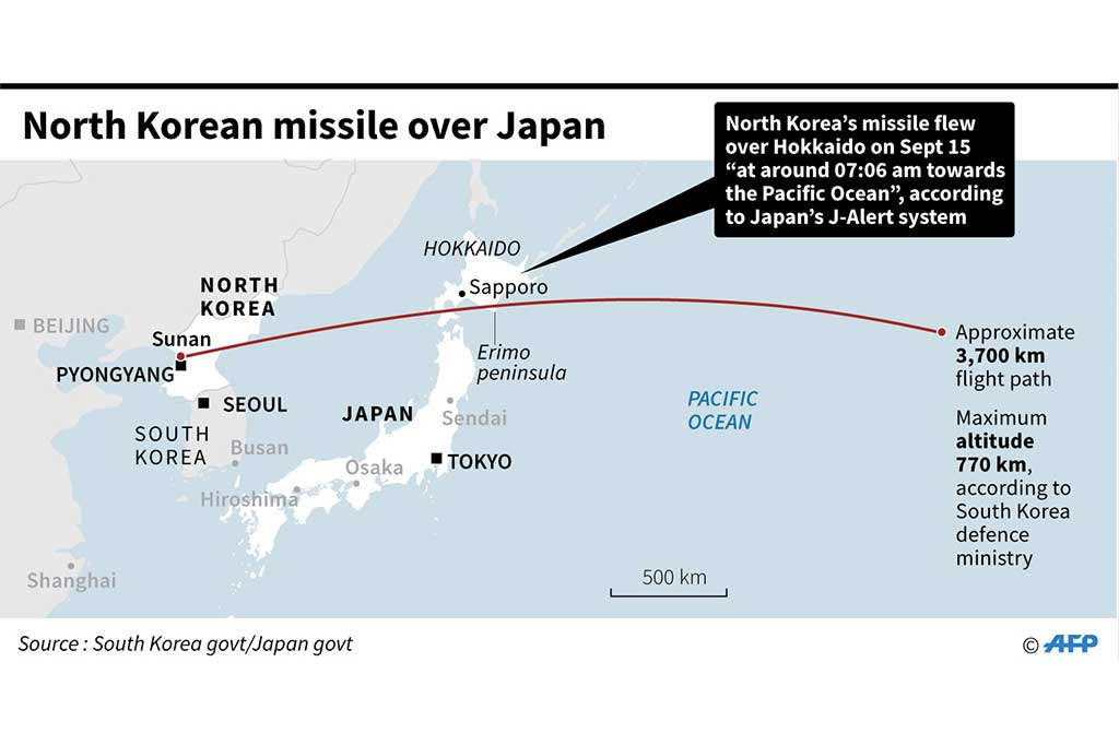 Rudal tersebut diluncurkan pada pukul 06.57 waktu setempat, dan terbang di atas Hokkaido, Jepang sekitar pukul 07:06 (2206 GMT). Rudal jatuh di Samudera Pasifik sekitar 2.000 kilometer timur Hokkaido.