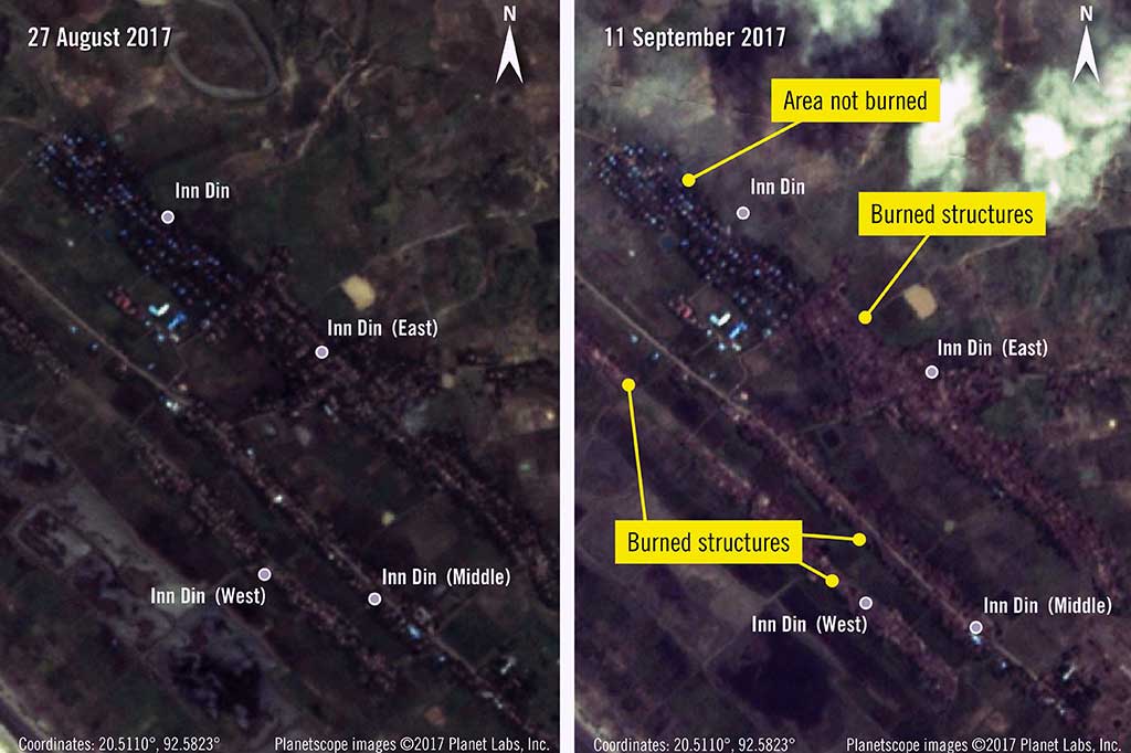 Citra satelit berasal dari http://www.planet.com, dengan analisis dan anotasi oleh Amnesty International, menunjukkan wilayah Inn Din (Aan Daang), Myanmar, pada 27 Agustus 2017 (kiri) dan pada 11 September 2017 (kanan). Menurut Amnesti, gambar sebelum dan sesudah menunjukkan daerah yang diduga dibakar oleh militer Myanmar. AFP/www.planet.com