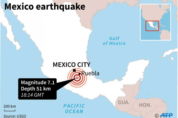 Badan Geologi Amerika Serikat (USGS) menyebut gempa berkekuatan 7,1 SR tersebut terjadi pada pukul 13.14 waktu setempat, dan berpusat di dekat negara bagian Puebla, Raboso, sekitar 123 km tenggara Kota Meksiko.