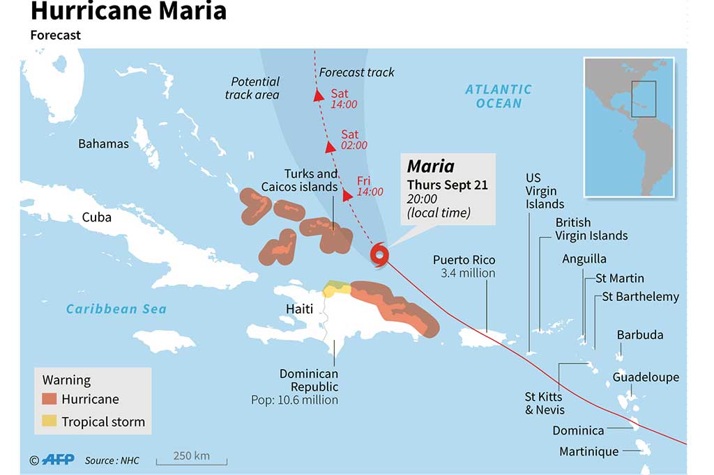 Badai Maria telah meninggalkan Puerto Rico dan diperkirakan akan mendekati Kepulauan Turks dan Caicos dan Bahama, Kamis (21/9/2017) malam dan Jumat (22/9/2017) dini hari.