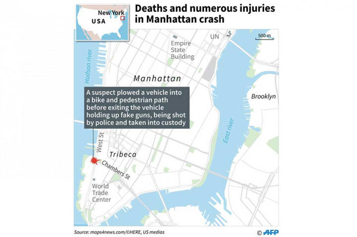 Pelaku ditembak polisi setelah keluar dari kendaraan dengan masing-masing tangan menggengam senjata yang ternyata palsu. Pria tersebut diidentifikasi sebagai Sayfullo Saipov, 29, imigran asal Uzbekistan yang datang ke AS pada 2010 dan menetap di Florida. Pelaku kini ditahan polisi.  AFP/Don Emmert