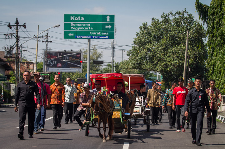 Delapan kereta kuda disiapkan untuk membawa rombongan kedua mempelai menuju gedung Graha Saba Buana saat acara pernikahan putri Presiden Joko Widodo, Kahiyang Ayu-Bobby Nasution. 