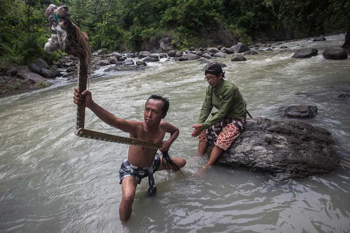 Warga melakukan ritual pencucian kuda lumping di Bendung Kahyangan, yang ada di Dusun Turus, Desa Pendowoharjo, Girimulyo, Kulon Progo.