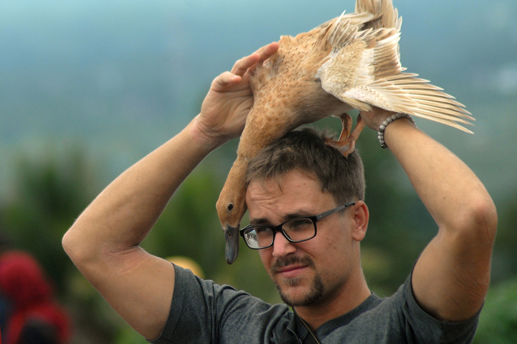 Seorang peninjau dari luar negeri, belajar melepaskan itik, pada rangkaian kegiatan Payakumbuh Botuang Festival, di Ampangan, Payakumbuh, Sumatera Barat.
