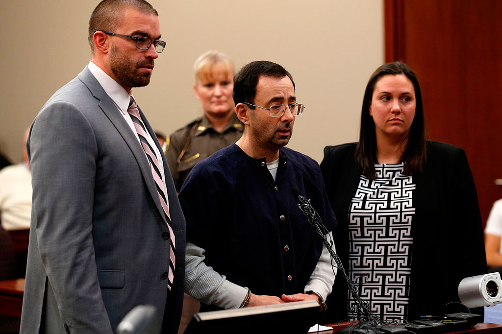 Mantan dokter tim senam nasional Amerika Serikat (USA Gymnastics) Larry Nassar menjalani sidang vonis di sebuah pengadilan di Michigan, AS, Rabu, 24 Januari 2018 waktu setempat. 