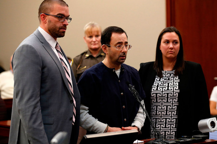 Mantan dokter tim senam nasional Amerika Serikat (USA Gymnastics) Larry Nassar menjalani sidang vonis di sebuah pengadilan di Michigan, AS, Rabu, 24 Januari 2018 waktu setempat. 