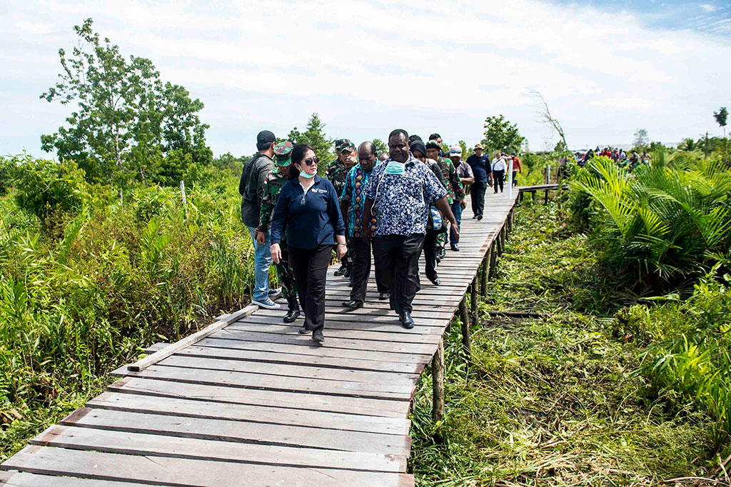Menteri Kesehatan Nila DF Moeloek (kiri) didampingi Bupati Asmat Elisa Kambu melihat lahan yang akan dibangun rumah sakit di Agats, Kabupaten Asmat, Papua, Kamis, 25 Januari 2018. 