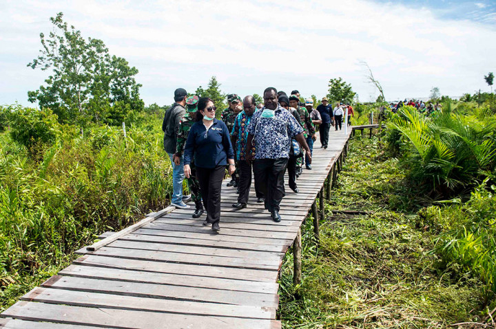 Menteri Kesehatan Nila DF Moeloek (kiri) didampingi Bupati Asmat Elisa Kambu melihat lahan yang akan dibangun rumah sakit di Agats, Kabupaten Asmat, Papua, Kamis, 25 Januari 2018. 