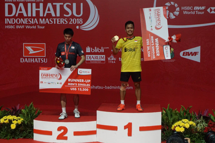 Pada laga pamungkas, Anthony mengalahkan wakil Jepang, Kazumasa Sakai dengan skor 21-13 dan 21-12 dalam waktu 34 menit di Istora Senayan, Jakarta. MTVN/Kautsar Halim