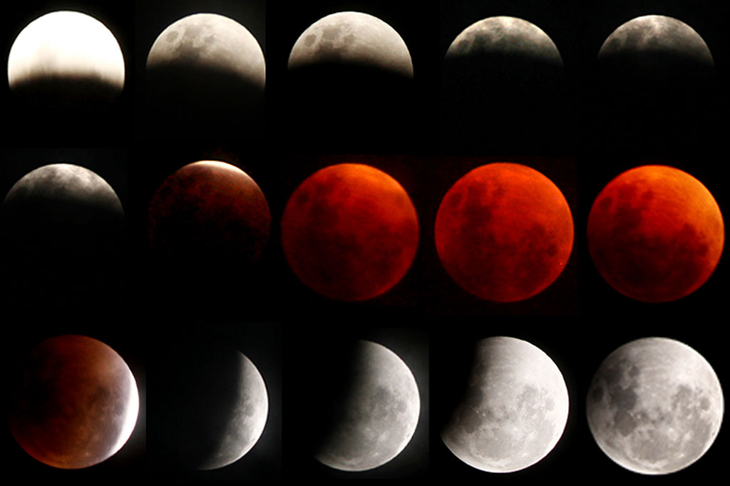Foto kolase saat fase terjadinya fenomena gerhana bulan di Mamuju, Sulawesi Barat, Rabu, 31 Januari 2018 malam. Fenomena gerhana bulan langka itu terjadi bertepatan saat bulan berada dalam konfigurasi super moon dan blue moon dengan puncak gerhana di Sulawesi terjadi pukul 21:29 WITA. ANTARA FOTO/Akbar Tado