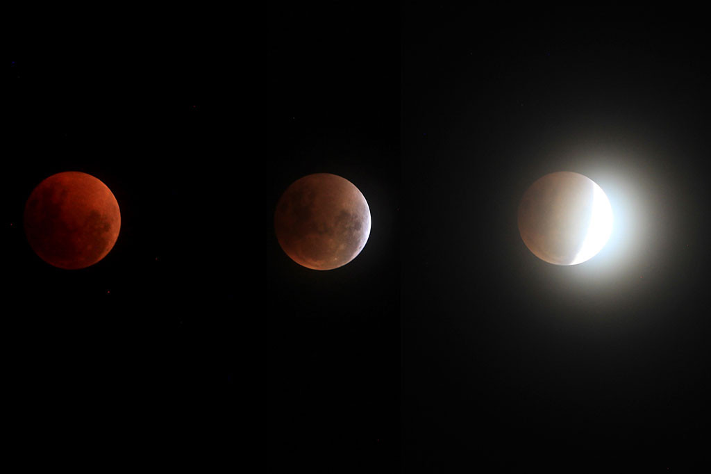 Foto kombo saat fase terjadinya fenomena gerhana bulan total di Indramayu, Jawa Barat, Rabu malam. ANTARA FOTO/Dedhez Anggara