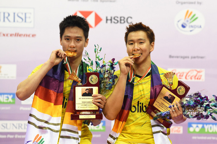 Marcus/Kevin kembali naik ke podium kampiun setelah mengalahkan wakil Denmark, Kim Astrup/Anders Skaarup Rasmussen, 21-14, 21-16, pada laga final yang berlangsung di Siri Fort Indoor Stadium, New Delhi, India.