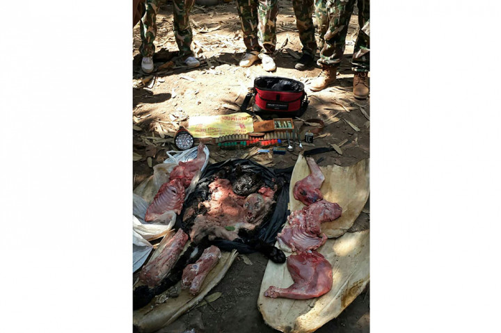 Petugas menunjukkan bangkai seekor macan tutul hitam yang diduga dibunuh oleh Premchai Karnasuta, CEO Italian-Thai Development.