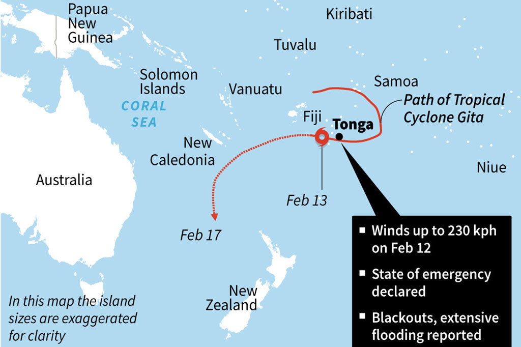 Sebelum melanda Tonga, topan Gita menghantam Samoa dan Samoa Amerika yang berlokasi sekitar 900 km Timur Laut pada akhir pekan lalu, berdampak pada banjirnya ibu kota Samoa, Apia. Sekitar 300 orang telah dievakuasi namun sekarang mereka telah kembali ke rumah masing-masing.