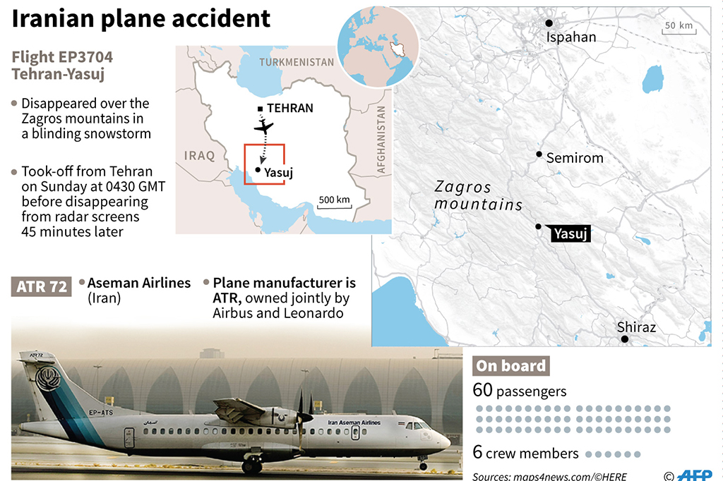 Pesawat yang dioperasikan oleh maskapai penerbangan Iran Aseman Airlines itu jatuh di daerah pegunungan dekat kota Semirom setelah lepas landas dari bandara Mehrabad, Teheran.